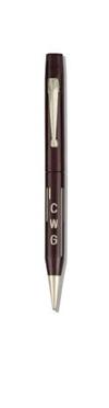 Three Wing-Flow celluloid mechanical pencils, the first in burgundy with ""R"" pattern gold-filled inlays, the second in black with ""Q